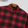 INCERUN Большие мужские рубашки с воротником-стойкой и длинным рукавом в клетку, повседневные туники