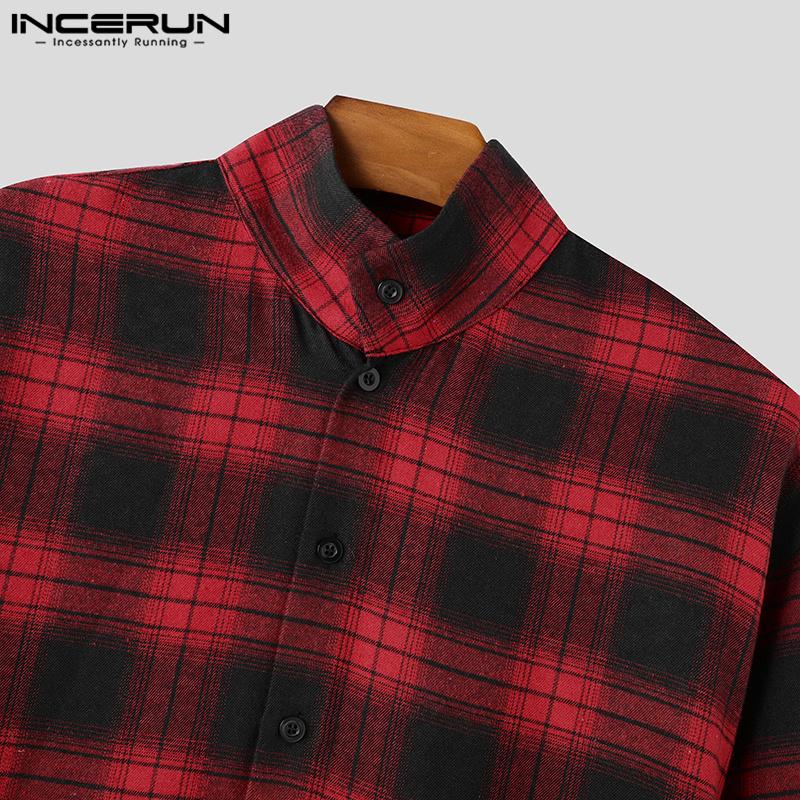 INCERUN Большие мужские рубашки с воротником-стойкой и длинным рукавом в клетку, повседневные туники