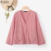 Women Casual V-Neck Loose Long Sleeve Cotton Blouse