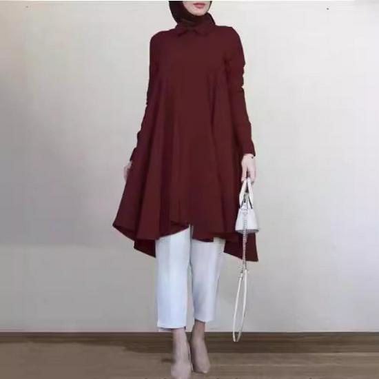 In-Stock Muslim Women's Solid Color Lapel Wrap Shirt: Long Sleeve, Button Placket, Swallowtail Hem