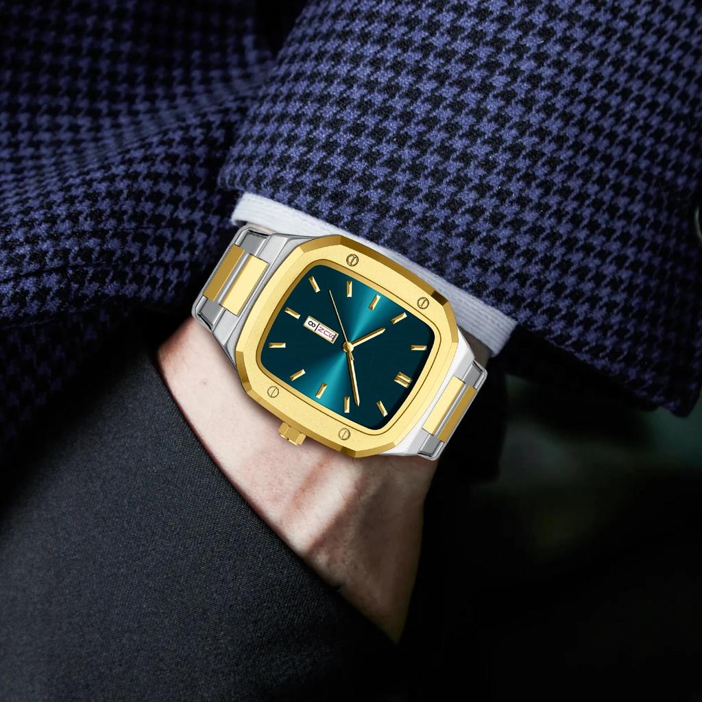 Men Square Stainless Steel Strap Watch Quartz Week Calendar Simulated Business Sports Wristwatch