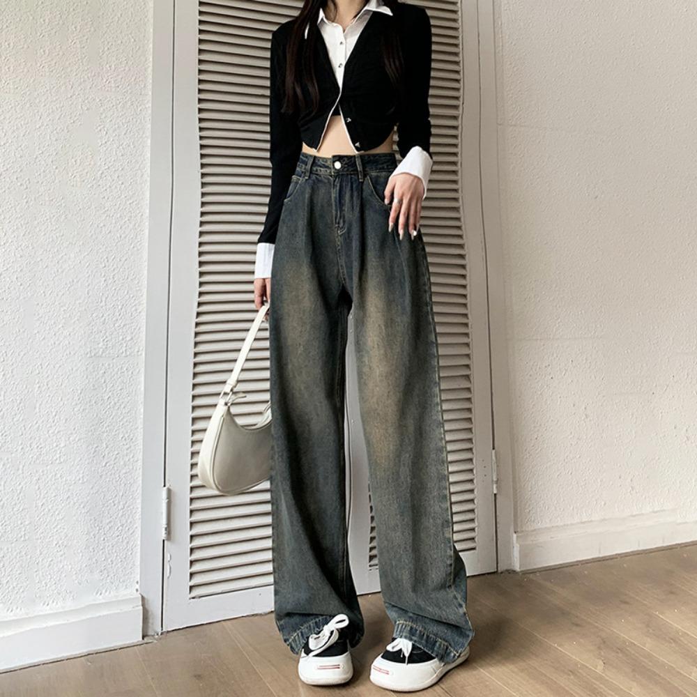 Цементно-серые джинсы клеш женские осенне-зимние новые маленькие свободные ретро с высокой посадкой прямые джинсы