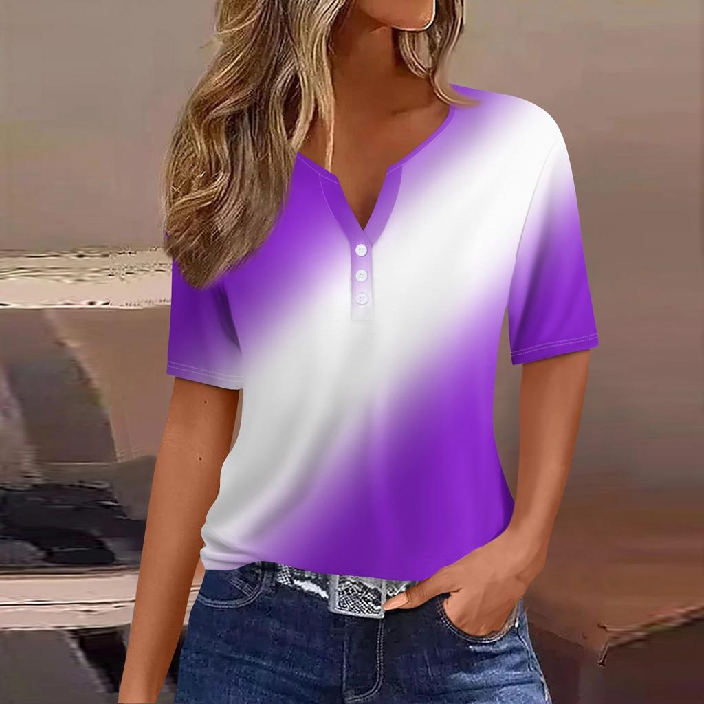 Жен. Футболка Футболка С принтом Пуговицы С короткими рукавами Повседневные Выходные Мода Классический V-образный вырез Обычный Верх