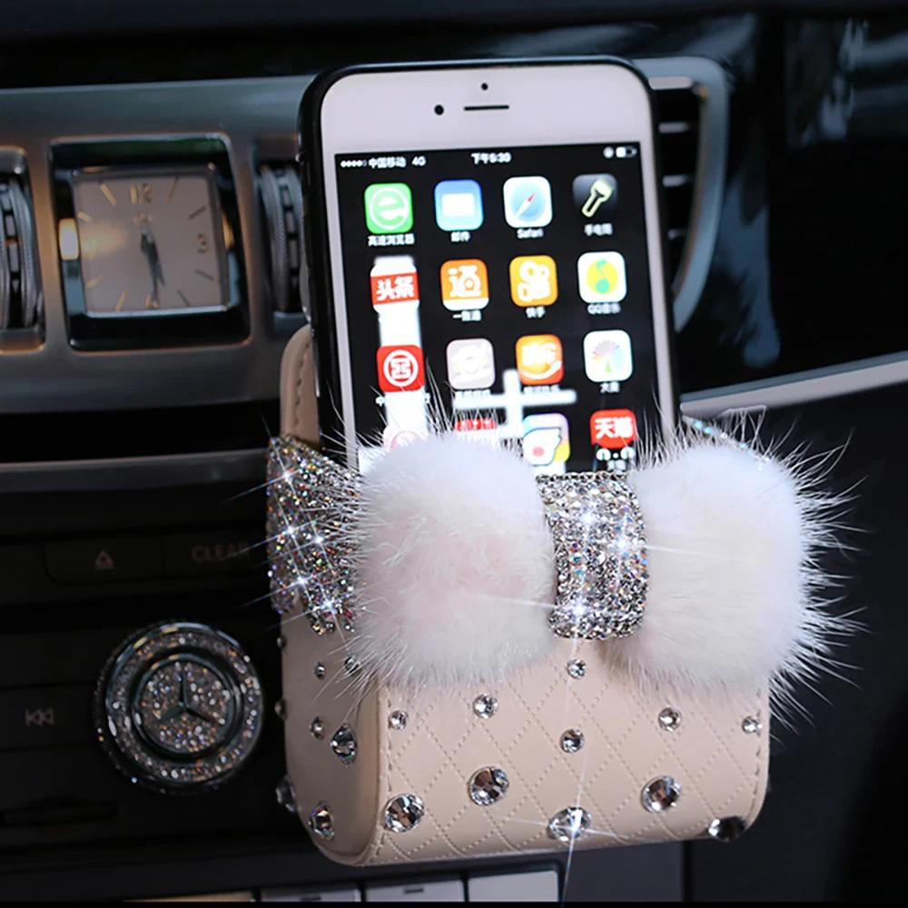 Diamond Crystal Bowknot Portable Car Vent Storage Box Bag Auto Vent Mount Holder Cosmetics Case Universal Mobile Phone Bag