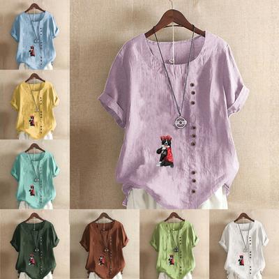 Женская модная футболка с круглым вырезом и коротким рукавом, повседневная хлопковая льняная рубашка с рисунком в виде собаки, летняя блузка, топы больших размеров