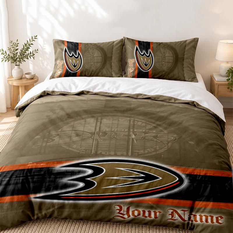 Anaheim Ducks Custom Name 3pc set Perfect for bedroom use Comfortable bedding set includes a duvet cover and two pillowcases Ideal birthday or Christm