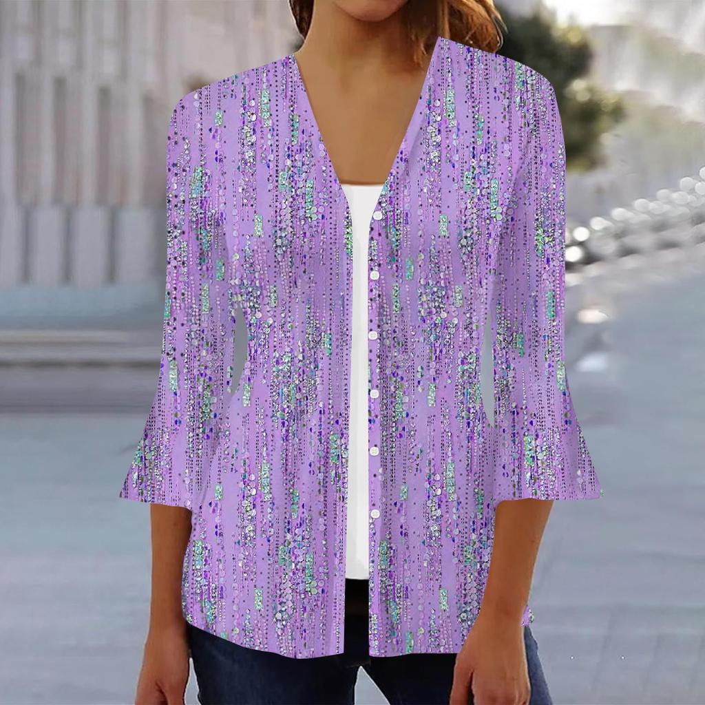 Women's Fashion Loose Casual Printed Three-quarter Sleeve Button Shirt Cardigan Top