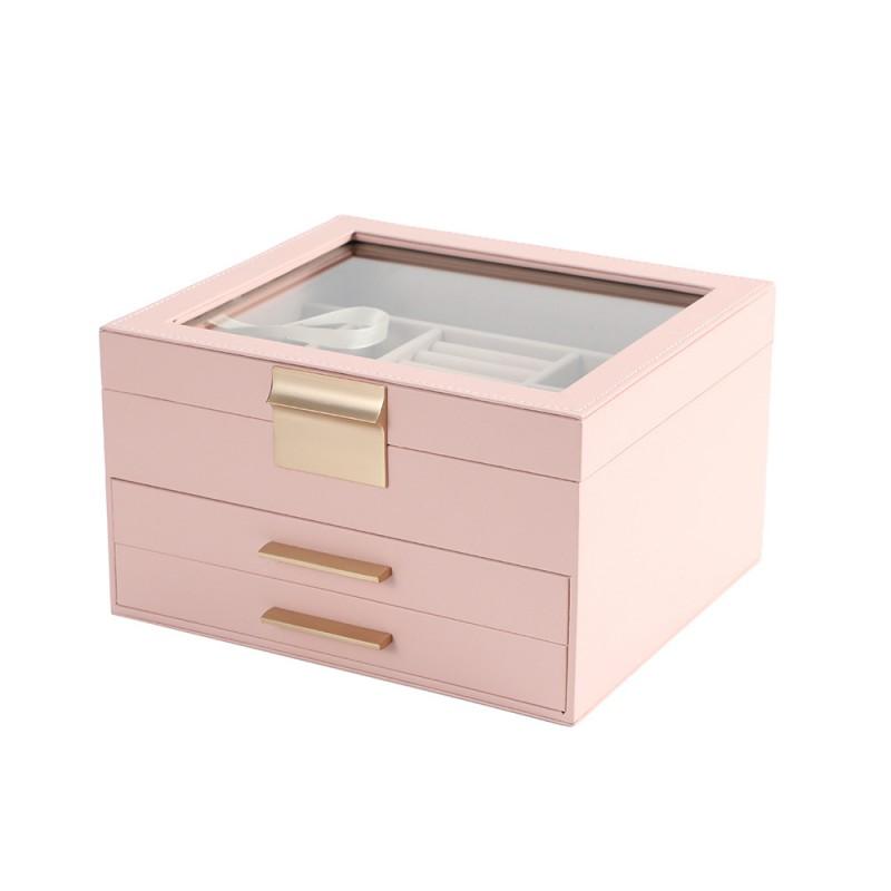 PU Leather Jewelry Organizer Box With 3 Layers Drawers Rings Necklaces Earrings Storage