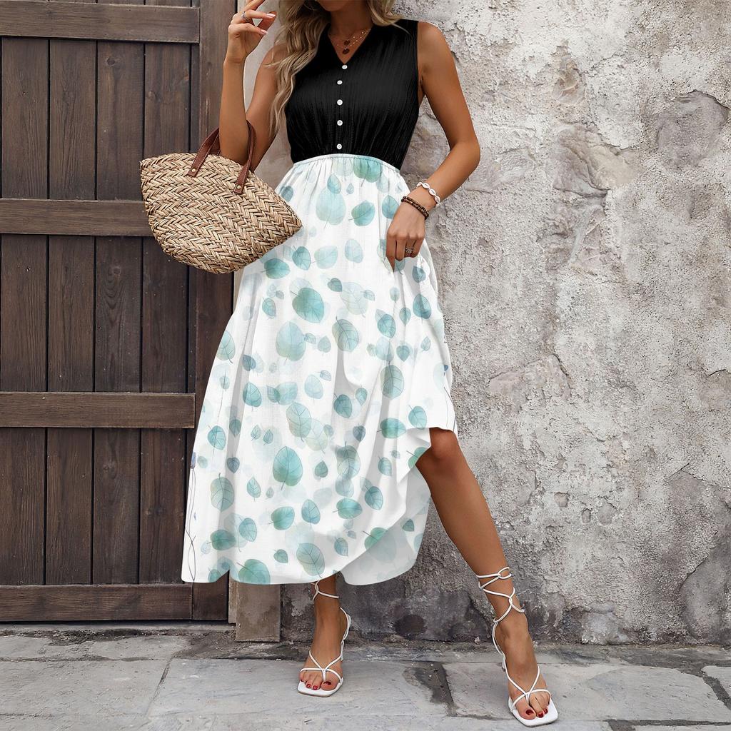 Women Summer Dresses Bohemian Women's Casual And Fashionable V-neck Sleeveless Printing Mid Length Dress