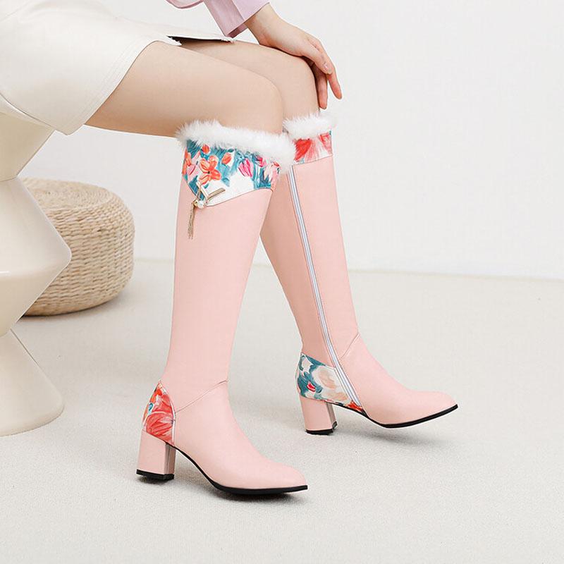2025 Winter Knee High Boots for Women Printing Patchwork High Heels Women Shoes Big Size 43 Plush Warm Botas De Mujer WSH4935