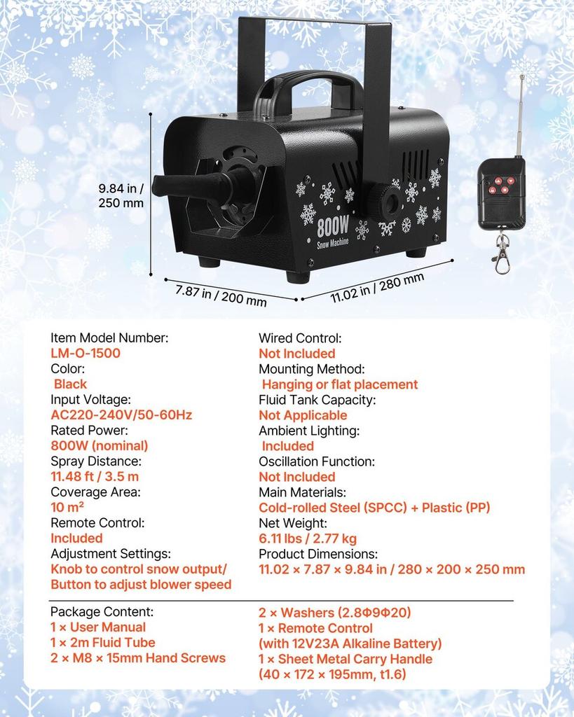 Snow Machine, Powerful 1500W, Handheld/Hanging Snow Maker, Wireless Remote Control, Snowflake Maker with 5L Fluid Tank, Snowflake Making Machine for