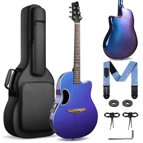 CAHAYA Acoustic-Electric Guitar, 41-inch, with Carbon Fiber Pickup, Gig Bag, Strap, and Adjustment Wrench, Beginner's Set, Pearl Blue/Purple