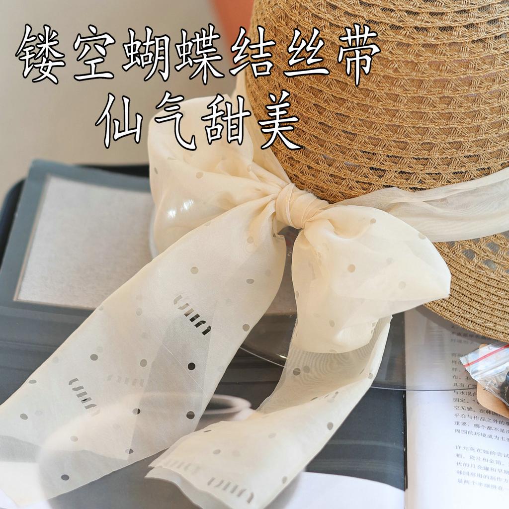French hollow sweet bow streamer straw hat women spring and summer vacation elegant travel sunshade bucket hat
