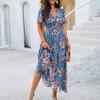 Yousheng Women's Boho Summer Maxi Dress Deep V-Neck Ruffled Short Sleeve Chiffon Beach Sundress Casual Floral Print Long Dresses