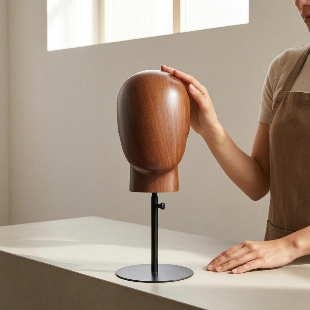 Head-Shaped Display Stand Adjustable Height Hairpiece Wood-Grain Finish