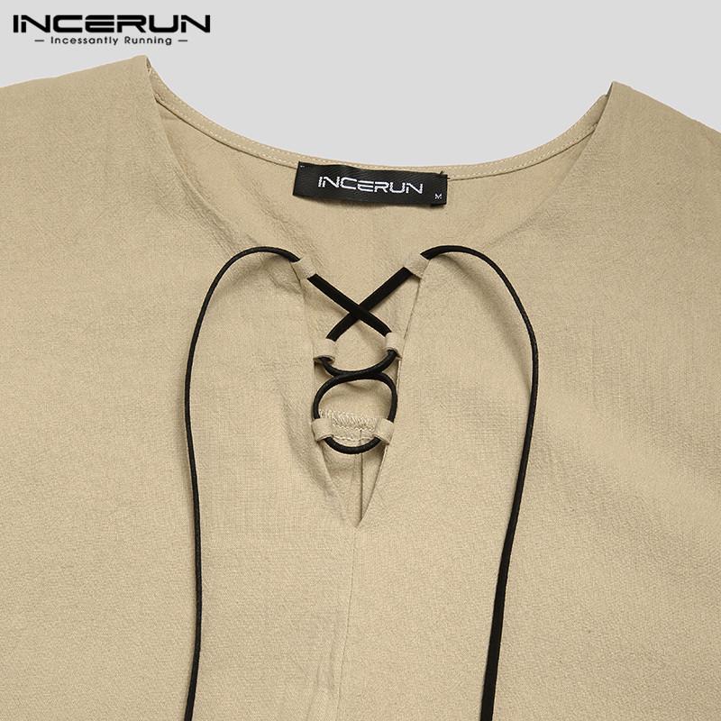 Мужская хлопковая винтажная рубашка без пуговиц INCERUN