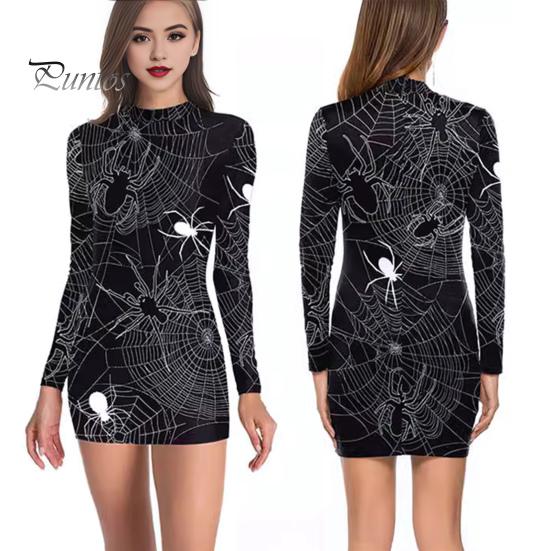 Хэллоуин Женское платье Кровавое пятно Скелет Паук Принт V-образный вырез Медсестра Косплей Длинные рукава Дом с привидениями NPC Костюм для выступлений