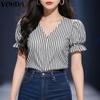 Женская летняя повседневная блузка с V-образным вырезом и рукавами-фонариками в полоску