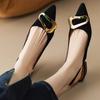 2024 Women's Pointed Toe Comfortable Low Heel Metal Decorative Buckle Strap Shallow Elegant High Heel Sandals