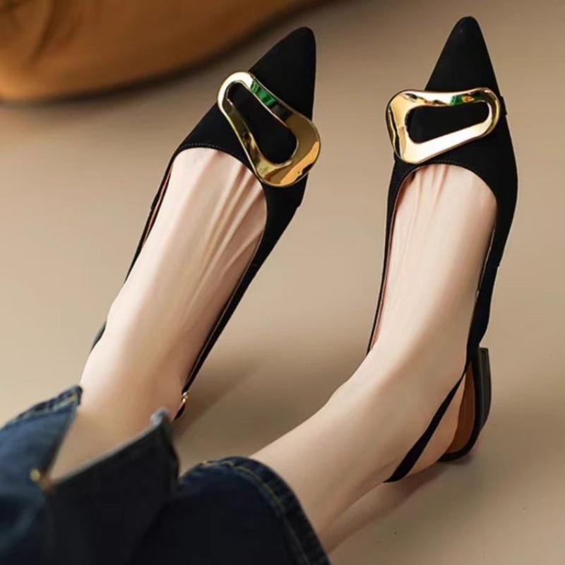 2024 Women's Pointed Toe Comfortable Low Heel Metal Decorative Buckle Strap Shallow Elegant High Heel Sandals