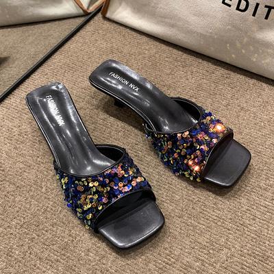 Женские модные босоножки на шпильках, летние, новые, квадратные, с открытым носком, с пайетками, износостойкие тапочки