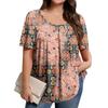 Plus Size Women's Casual Round Neck Pleated Short Sleeve Solid Color Top