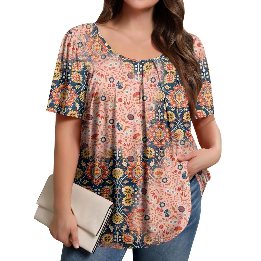 Plus Size Women's Casual Round Neck Pleated Short Sleeve Solid Color Top