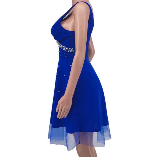 Женское вечернее платье с V-образным вырезом без рукавов из искусственного жемчуга А-силуэта Двухслойная сетка Узкая с высокой талией Сплошное цветное бальное платье для выпускного вечера Мини-платье