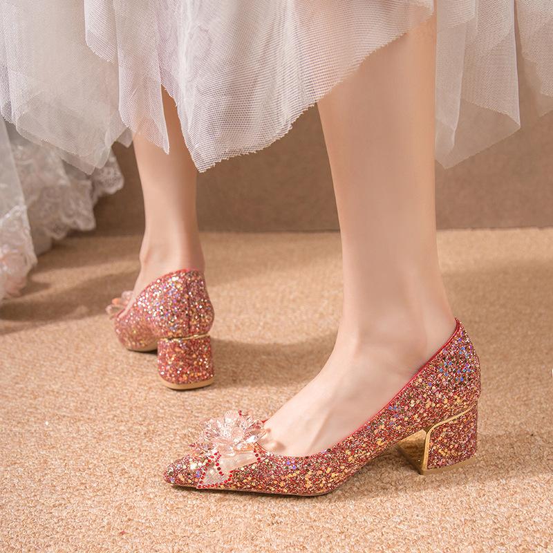 Большого размера китайские свадебные туфли, туфли для невесты, новые туфли на каблуке с кристаллами и пайетками для свадебного шоу, остроносые туфли-лодочки