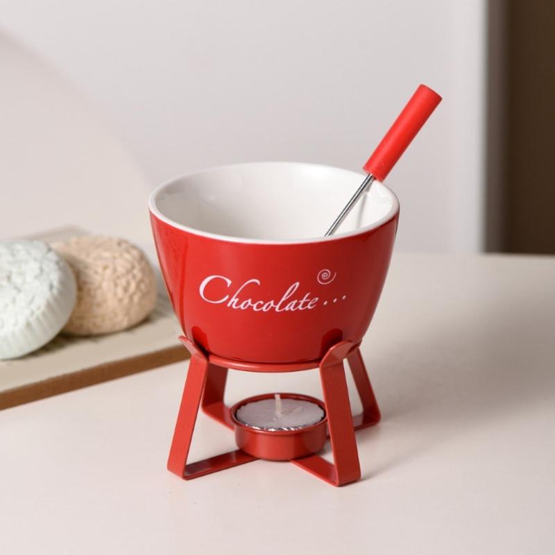 Fondue Pots Set with Fork for Chocolate,Cheese,Candy,Appetizer Tealight Porcelain Melting Pots Ceramic Butter Warmers Set