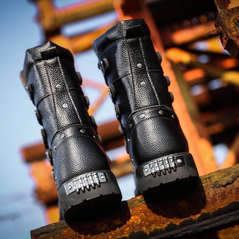 Мужские дышащие ботинки из искусственной кожи Мотоциклетные ботинки Панковские ботинки Теплая обувь Рыцарские ботинки Черные пустынные тактические ботинки со стальным носком