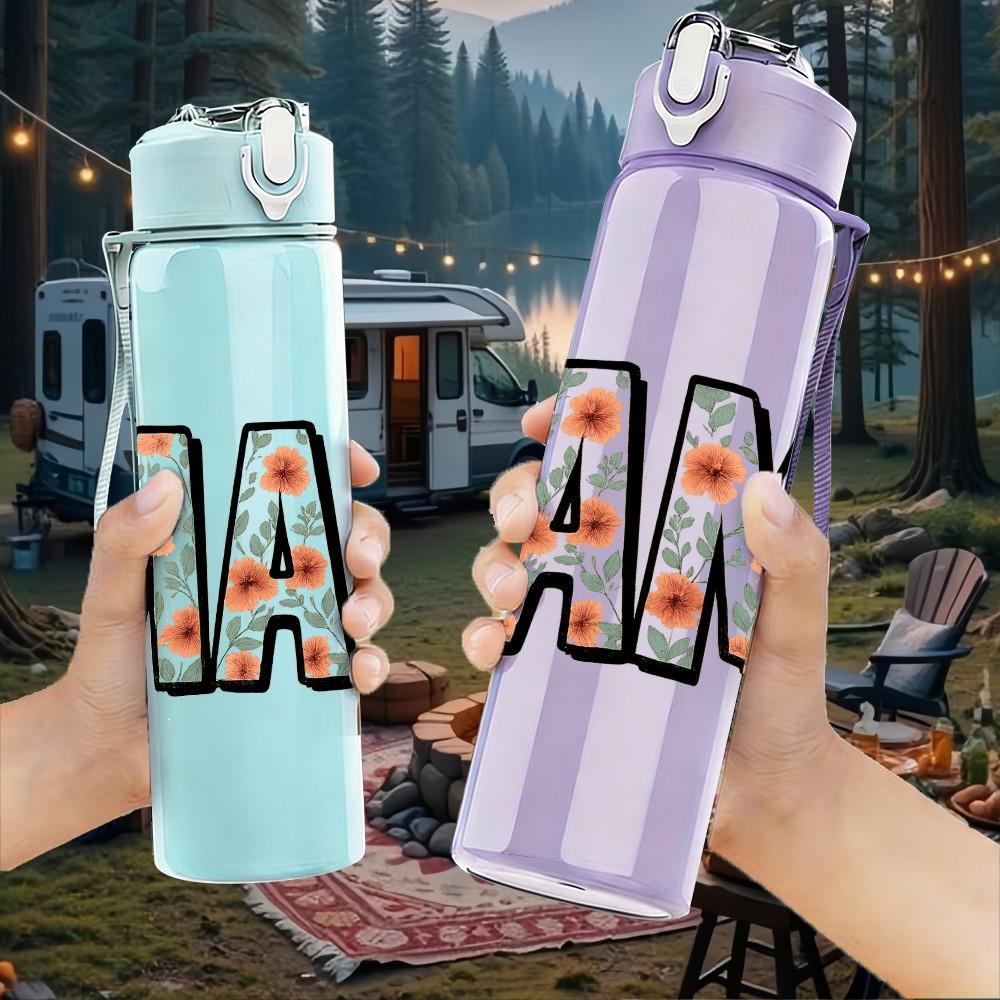 1PC Colorful MAMA Letter Pattern 750ml Color Plastic Sports Water Bottle Leakproof Flip Straw Lid Suitable for Sports Office Home Use