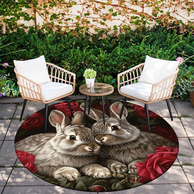 Rabbits & Fresh Flowers pattern round rug,Carpet Rug for Living Room Bedroom Playroom ,Non-slip Floor Mat,Holiday Gifts and Birthday Gifts.