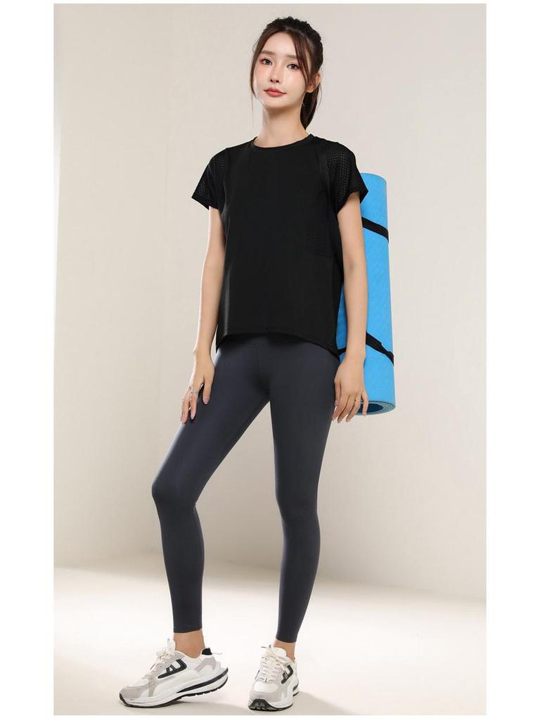 Женская универсальная утягивающая сетчатая футболка для йоги: Свободный, Повседневный, Летний фитнес-топ с коротким рукавом