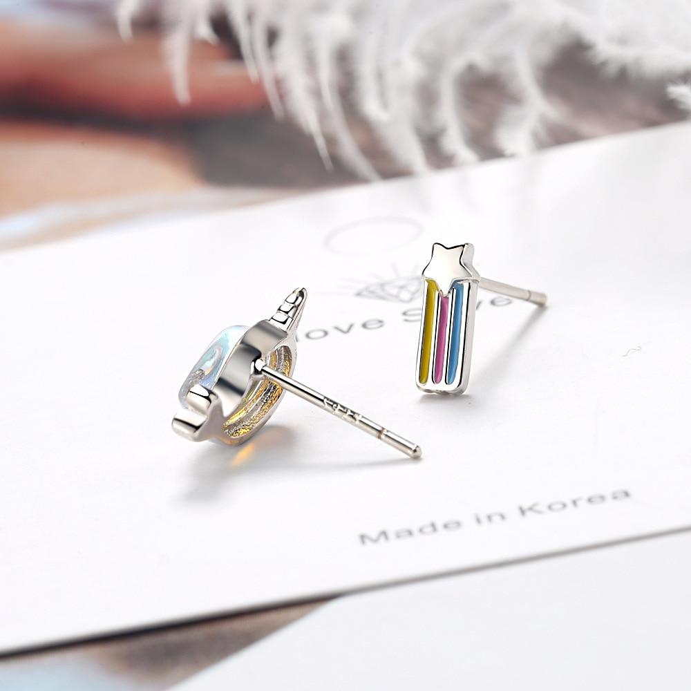 Simple 925 Sterling Silver Asymmetric Rainbow Unicorn Stud Earrings For Women Party Wedding Jewelry Female Pendientes Eh1395