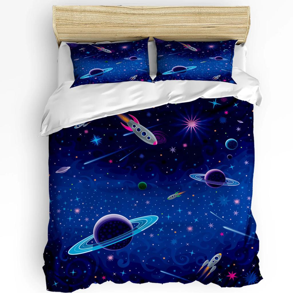 Outer Space Cartoon Cute Spaceship Rocket Duvet Cover with Pillow Case 3pcs Bedding Set Quilt Cover Double Bed Home Textile