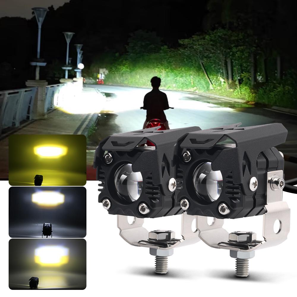 2X Motorcycle Headlights Spotlight Fog Light Hi/Low Beam Len Dual Color Work Auxiliary Driving Light Headlight Yellow White 12V