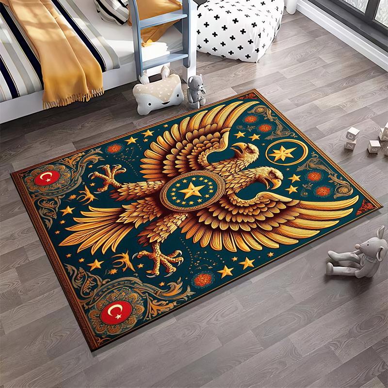 Golden Double Eagle on Teal Rug Non-slip rug suitable for living room and bedroom sofas