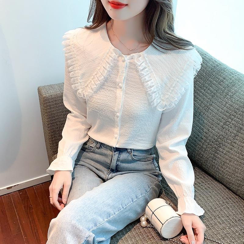 Весенний новый стиль, красивая женская белая повседневная рубашка с длинным рукавом, уникальная шикарная блузка с оборками