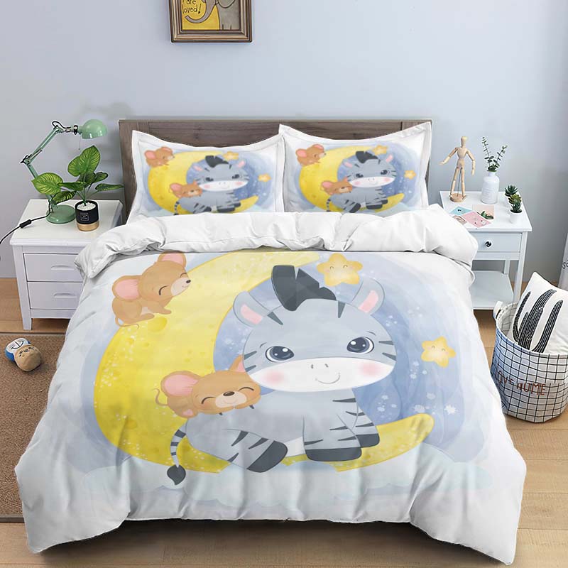 Moon Little Animal Sleep Print Digital Print Polyester Bedding Sets, Girl'S Cover, Duvet Cover Set For Teens, Cover Pillowcase