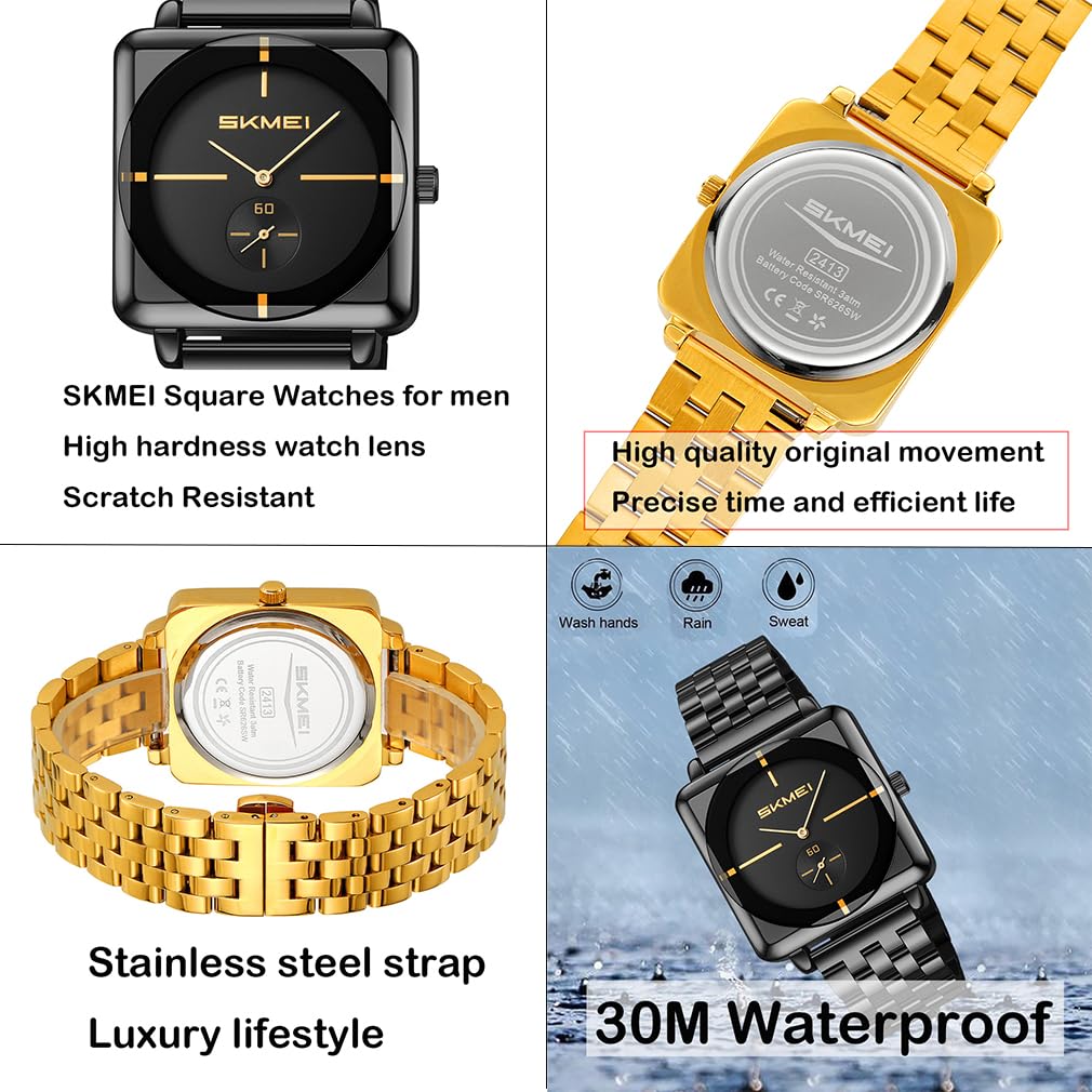 SKMEI Square Watch Men Simple Stylish Stainless Steel Wristwatch Gentleman Waterproof Analog Business Casual Male Luxury Gift Black Wach for Men