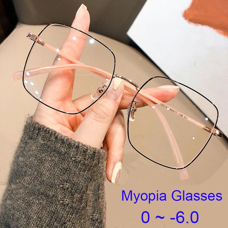 Anti Blue Light Computer Myopia Glasses Women Men Metal Frame Oversized Square Nearsighted Eyeglasses Eye Prescription 0 To -6.0