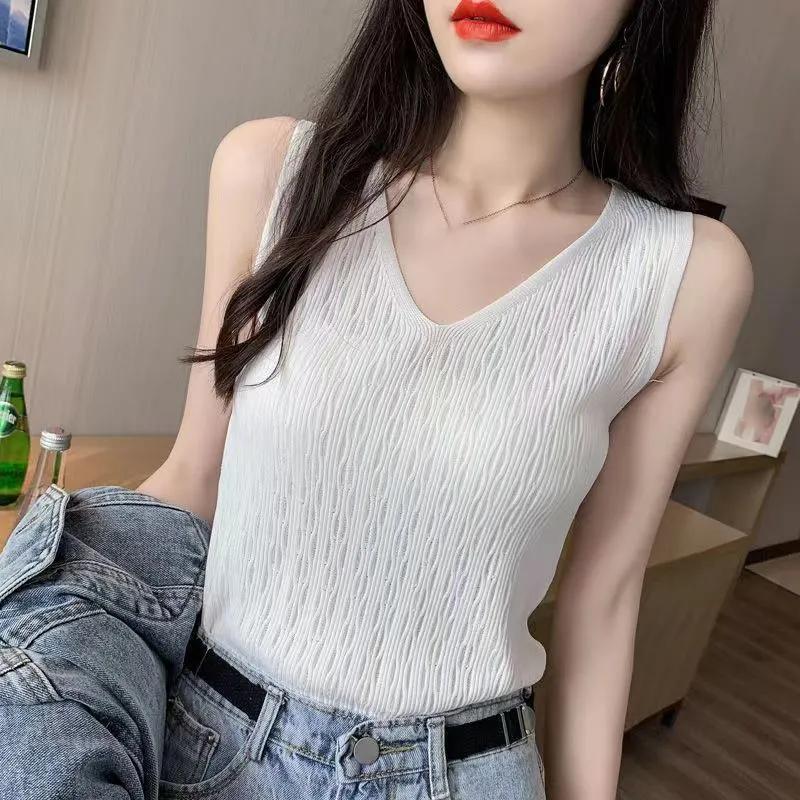 WTEMPO Женские свободные трикотажные майки с V-образным вырезом, весна-лето, однотонные эластичные жилеты-камизолы, короткие трикотажные базовые жилеты большого размера