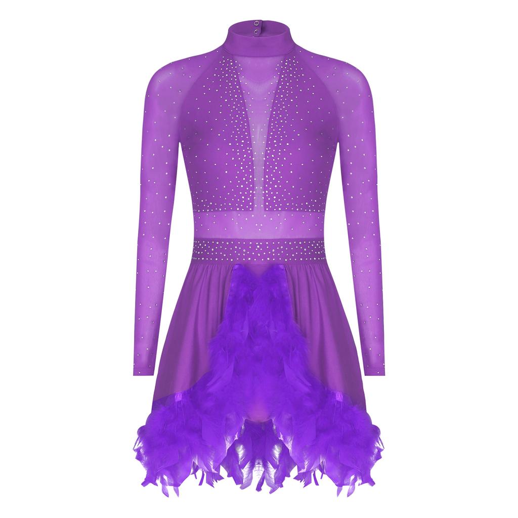Women Feathered Dance Dress Shiny Rhinestones Mock Neck Long Sheer Mesh Sleeve Cutout Back Skirted Leotard