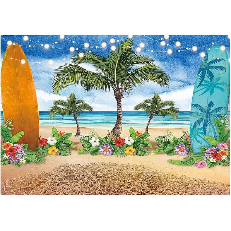Allenjoy Summer Beach Ocean Photography Backdrops Blue Sky Seaside Surfboard Tropical Palm Trees Luau Kids Girl 1st Birthday Party Decor Banner Baby