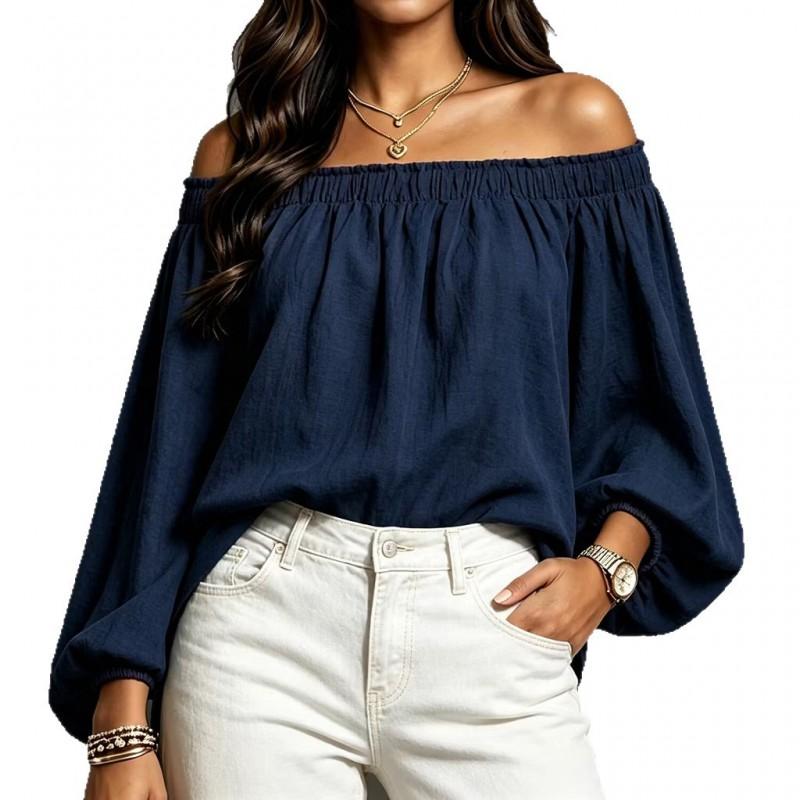 Womens Off-Shoulder Long Sleeve Top With Lantern Sleeves Slim Fit Solid Color Elegant Office Wear 2026