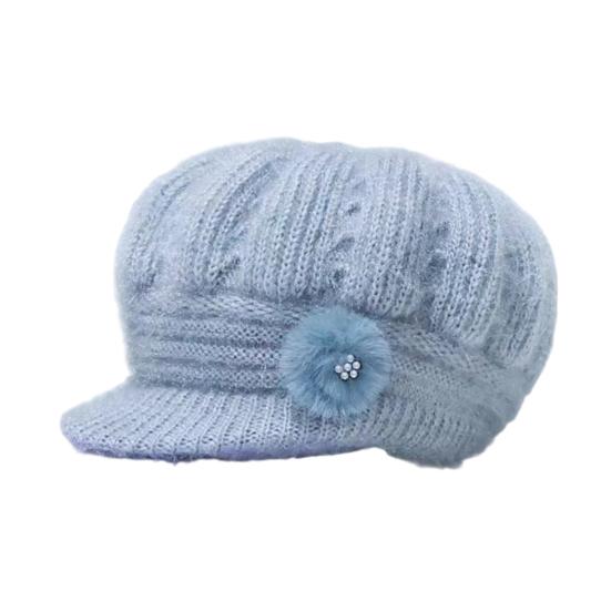 Женская вязаная шапка с удлиненным козырьком, утолщенная плюшевая зимняя шапка, однотонная, с цветочным декором, теплая шапка, модные аксессуары