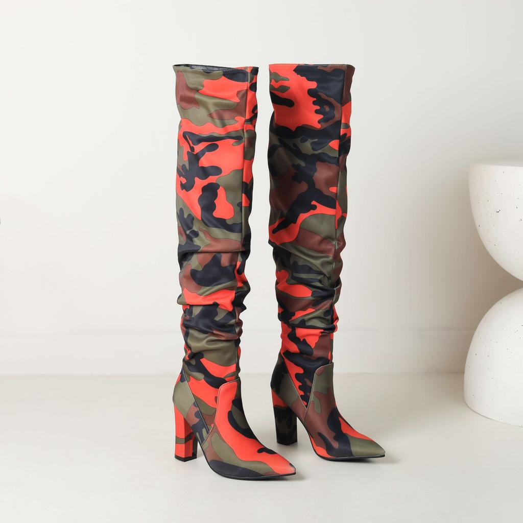 lenkisen Ткань с камуфляжным узором, осенне-зимняя обувь, супертонкие высокие каблуки, плиссированные ботинки, европейские теплые сапоги выше колена