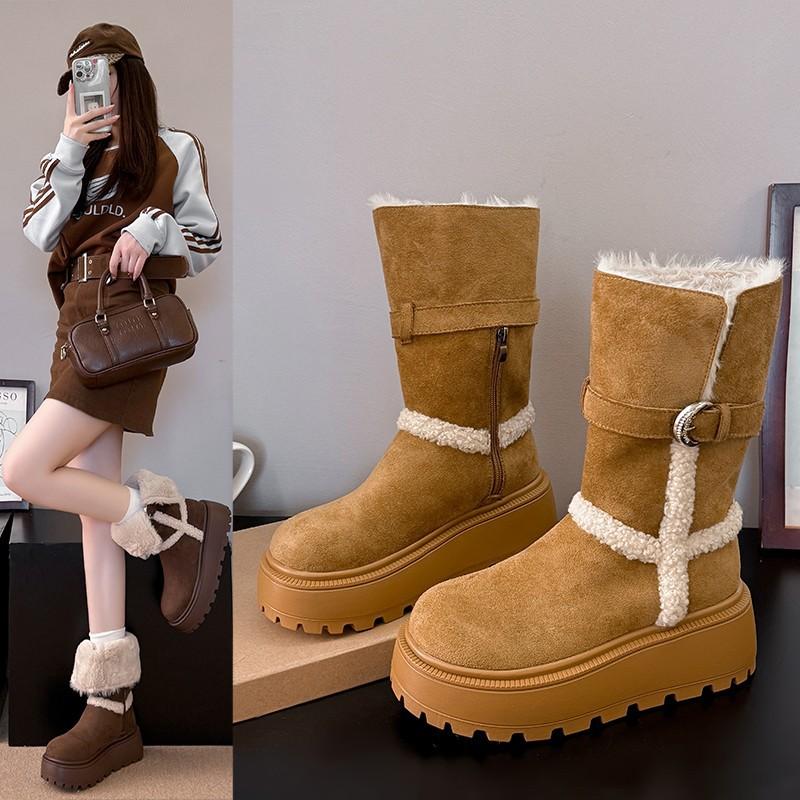 Короткие длинные зимние сапоги женские 2025 зима новые до колена сапоги с напуском утолщенные хлопковые туфли тренд