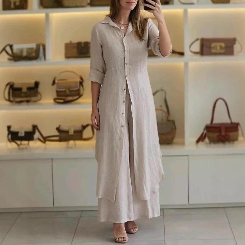 European and American Women's Clothing New Summer and Autumn Urban Elegance Cotton and Linen Slim Waist Long-sleeved Shirt Wide-leg Pants Suit Women
